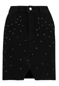 Černá džínsová sukně s předním rozparkem, zdobená rozptýlenými kamínky. Klasický pas s knoflíkovým zapínáním a bočními kapsami.