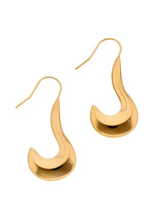 Aranyszínű fém fülbevalók, hajlított, absztrakt hullámformákkal és horogszerű záródással.