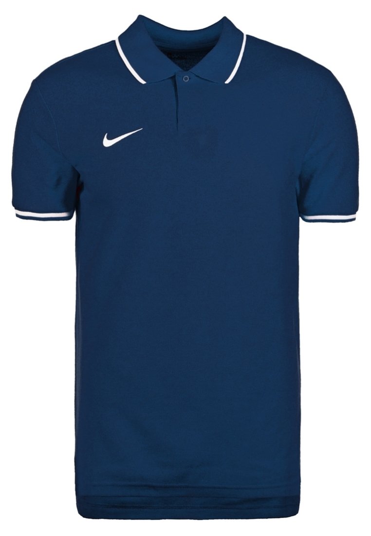 Námořnická modrá polokošile s bílým logem Nike, kontrastním bílým límcem a pruhy na rukávech, krátkými rukávy a klasickým střihem.