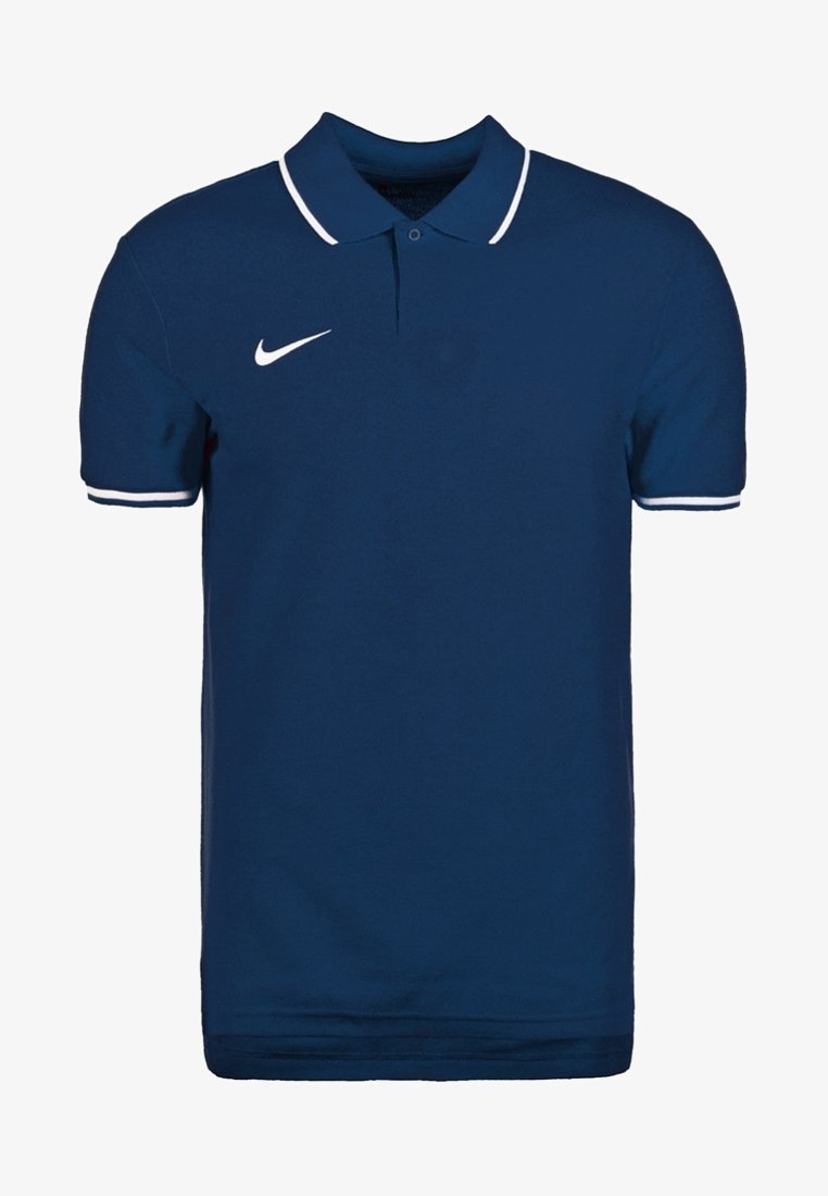 Námořnická modrá polokošile s bílým logem Nike, kontrastním bílým límcem a pruhy na rukávech, krátkými rukávy a klasickým střihem.