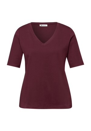T-shirt à manches courtes pour femme avec col en V, de couleur bordeaux foncé uni, taille cintrée et tissu en coton doux.