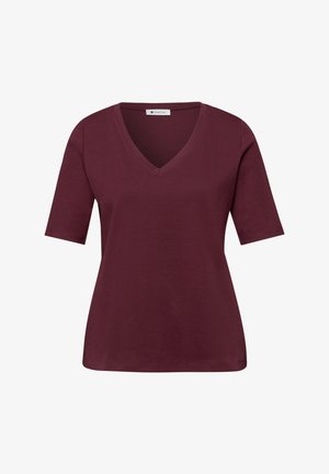 T-shirt à manches courtes pour femme avec col en V, de couleur bordeaux foncé uni, taille cintrée et tissu en coton doux.