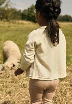 Laps, kes kannab kreemikat sviitrit ja heledat roosat retuusid, seisab rohelises väljas, silmitsi lambaga, mis sööb läheduses.