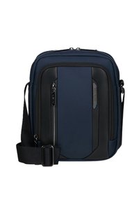 Borsa a tracolla blu navy e nera con tasca frontale con zip e tracolla nera regolabile.