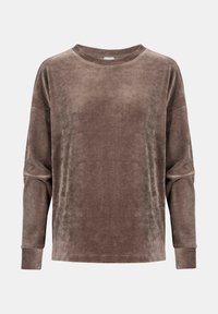 Bruine fluwelen lange mouw top met een brede halslijn en een relaxed pasvorm. Kenmerkt zich door ribbelmanchetten en een zachte, gladde textuur.