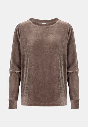Bruine fluwelen lange mouw top met een brede halslijn en een relaxed pasvorm. Kenmerkt zich door ribbelmanchetten en een zachte, gladde textuur.