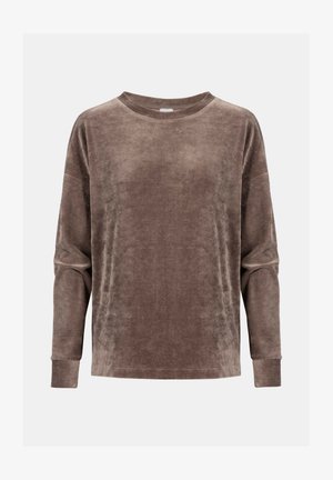 Haut long en velours marron avec un large col et une coupe décontractée. Présente des poignets côtelés et une texture douce et lisse.