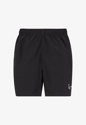 svarte, lette shorts med elastisk midje og sidelommer; har en hvit logo på nederste høyre side.