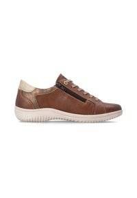 Baskets basses en cuir marron avec lacets beige, fermeture éclair latérale, accents métalliques et semelle blanche texturée, vues du côté extérieur.