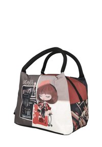 Pequeño bolso con asas negras, que presenta una mujer de dibujos animados con una boina roja y el texto "La belleza comienza en el momento, decide ser tú mismo."