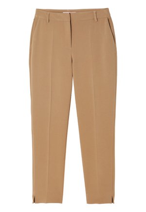Tan tailored trousers with a smooth texture, featuring front pleats, side pockets, and slits at the cuffs for added detail.
