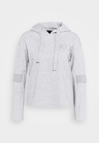 Felpa grigia a maniche lunghe con tasca a canguro, coulisse e ricamo con la scritta "AIX" e "EXCHANGE". Tessuto morbido e vestibilità rilassata.