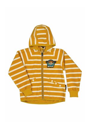 Gul og hvid stribet børne-hoodie med lynlås, forlommer og en tegneserie-pige-patch på brystet.