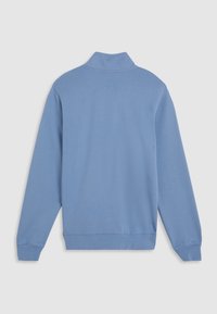 Ljusblå sweatshirt med hög krage, långa ärmar och ribbade manschetter. Har en mjuk textur och en ren, minimal design.