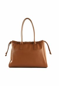 Borsa a tracolla in pelle marrone con parte superiore arricciata, doppi manici e dettagli con cordoncino. Texture liscia e forma strutturata.