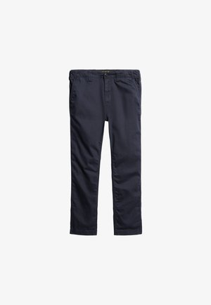 Donkerblauwe casual rechte broek voor heren met riemlussen, ritssluiting, knoopsluiting en voorzakken tegen een witte achtergrond.