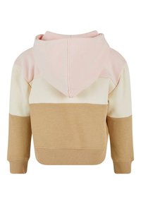 Felpa con cappuccio in morbido tessuto, con un pattern di blocchi di colore in rosa, crema e marrone, orlo e polsini a coste. La vista posteriore mostra i dettagli del cappuccio.