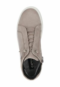 Light gray suede sneaker with a rounded toe, lace-up front, and cushioned interior. Features contrasting white rubber sole and minimalist design.