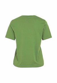 Camiseta de algodón verde con escote redondo y mangas cortas. Textura suave, sin patrones ni adornos, corte recto.