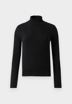 Maglia nera a maniche lunghe con collo alto realizzata in tessuto a coste, caratterizzata da un design aderente e un colletto alto, con una texture liscia.