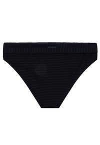 Zwarte, getextureerde bikinibroekjes met een omgeslagen tailleband en het merklogo "protest" centraal aan de voorkant.