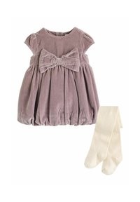 Samtkleid in staubigem Mauve mit kurzen Ärmeln, einer großen Schleife an der Taille und einem gerafften Rock. Inklusive cremefarbener Strumpfhosen.