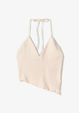 Linnenmix crop top in lichtbeige, met een gestructureerd oppervlak, brede V-hals en verstelbare strikbanden. Asymmetrische zoomdetail.