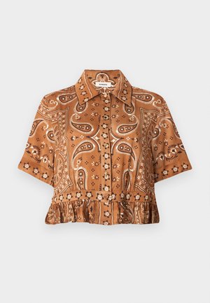 Blouse marron à manches courtes avec motifs cachemire et floraux, boutonnage sur le devant, col pointu et ourlet à volants.