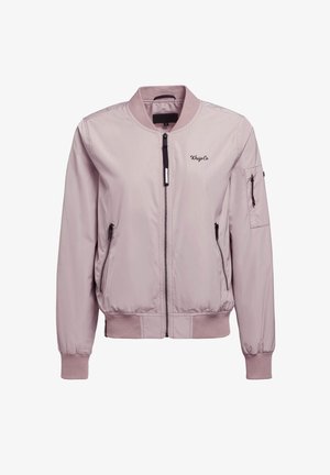Lichtroze bomberjack met een ritssluiting aan de voorkant, ribbelmanchetten, twee zijzakken en een klein zakje op de mouw. Glad, lichtgewicht materiaal.