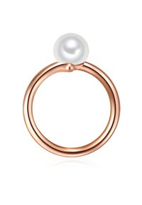 Prstan iz rožnatega zlata z gladkim, okroglo belo biserko na vrhu. Oblikovanje je minimalistično z neprekinjeno krožno obliko.