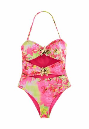 Einteiliger tropischer Blumeneinteiler in Pink und Grün mit Ausschnitten und goldenen Seestern-Verzierungen an den vorderen Trägern.
