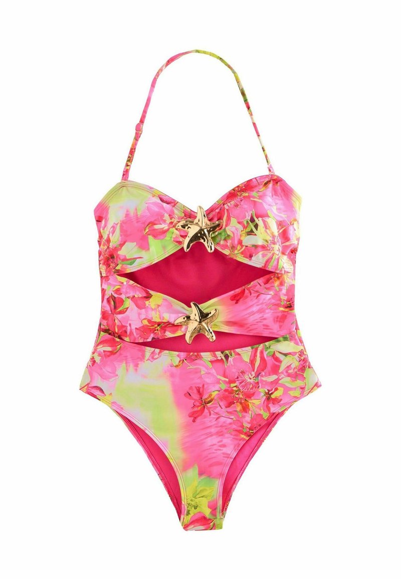 Maillot de bain une pièce à motif floral tropical rose et vert avec des découpes et des embellissements en étoiles de mer dorées sur les bretelles avant.