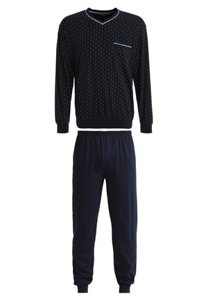 Conjunto de salón en color marino que incluye una blusa larga con patrón, escote en V y un bolsillo, acompañado de pantalones tapered con cintura elástica.