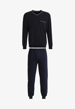 Navy Loungewear-Set mit einem gemusterten Langarm-Oberteil mit V-Ausschnitt und einer Tasche, kombiniert mit tapered Hose mit elastischem Bund.