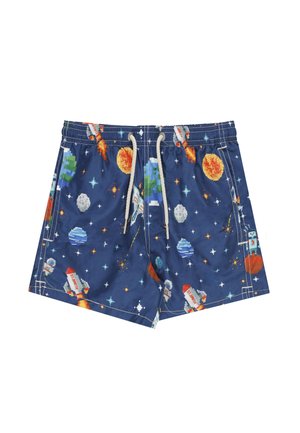Pantaloncini blu con coulisse e stampa pixelata a tema spaziale che presenta razzi, pianeti, stelle e un robot.