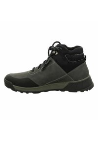 Gray and black hiking boots with suede and synthetic materials, featuring a high-top design, lace-up closure, and textured rubber sole.