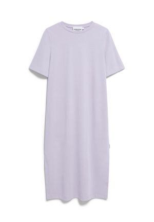 Light lavender short-sleeve dress made of smooth fabric. Features a relaxed fit and knee-length design with a rounded neckline.