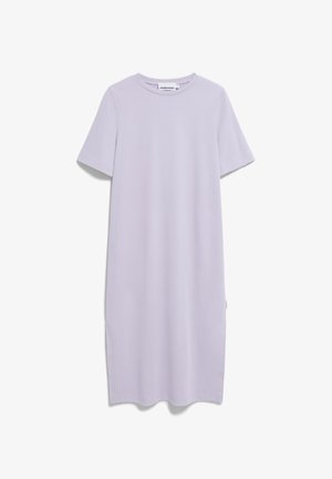 Helles lavendelfarbenes Kurzarmkleid aus glattem Stoff. Besitzt einen lässigen Schnitt und ein knielanges Design mit rundem Ausschnitt.