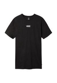 Czarna bawełniana koszulka z okrągłym dekoltem, krótkimi rękawami i białym logo "VANS" na piersi. Casualowy design z luźnym krojem.