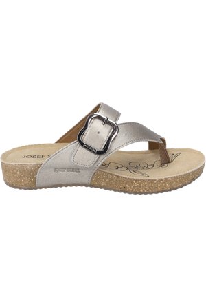 Silver leather sandal with a wide strap, adjustable metal buckle, and a cushioned insole. Cork sole with a textured finish.