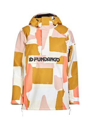 Veste d'hiver avec un motif abstrait rose, moutarde, crème et corail, flambeau de poche avant étiqueté "FUNDANGO", et une capuche avec cordons.