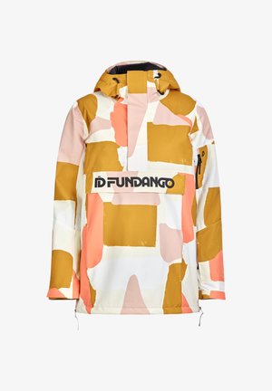 Veste d'hiver avec un motif abstrait rose, moutarde, crème et corail, flambeau de poche avant étiqueté "FUNDANGO", et une capuche avec cordons.