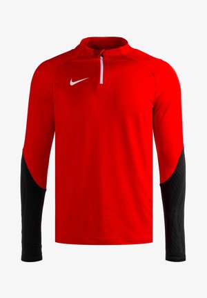 Chemise de sport rouge à manches longues avec une fermeture éclair quart, manches texturées noires et un logo Nike blanc sur la poitrine. Tissu doux et léger.