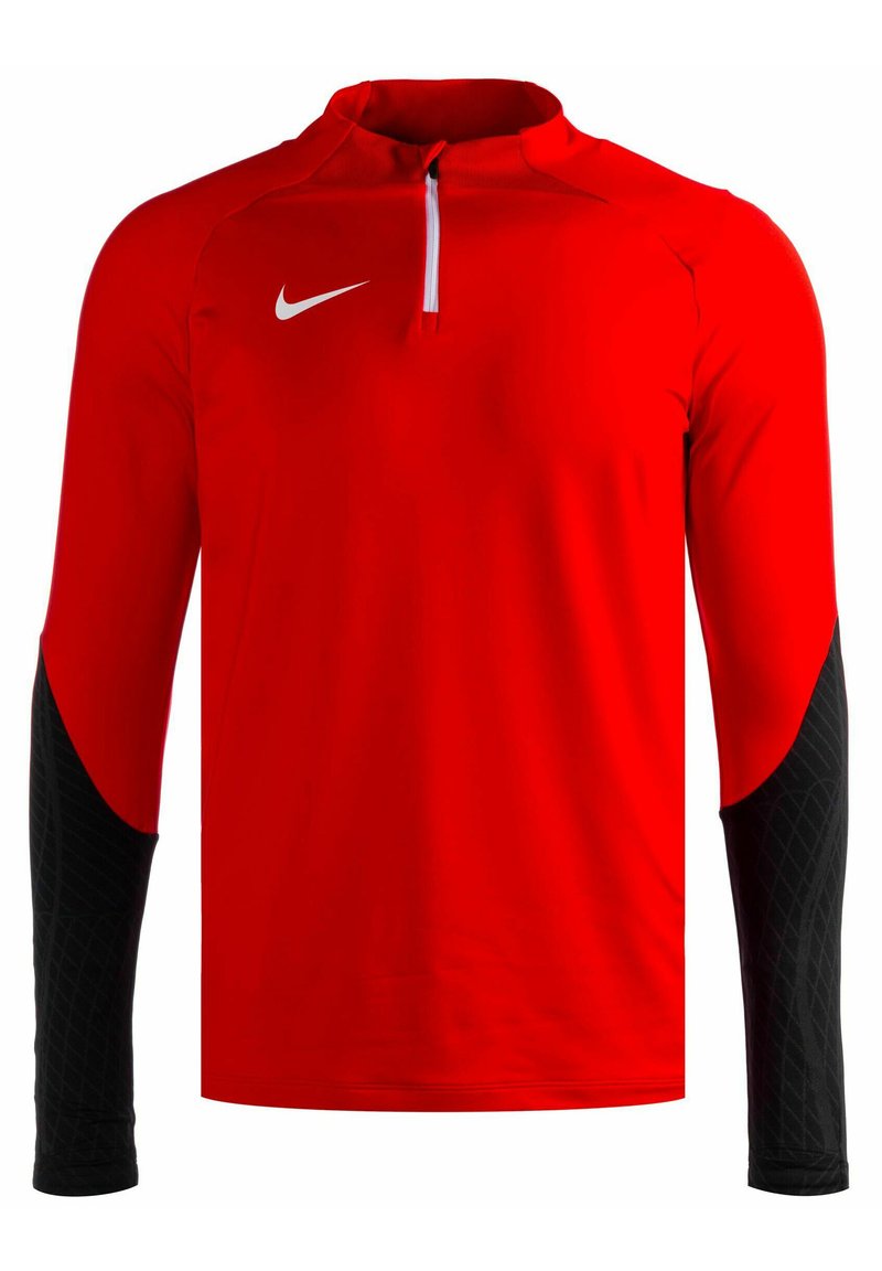 Rotes langärmliges Sportshirt mit einem Viertelzip, schwarzen strukturierten Ärmeln und einem weißen Nike-Logo auf der Brust. Weicher, leichter Stoff.
