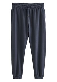 Marinblå joggerbyxor i mjukt tyg, med elastisk midja och dragsko, muddade benslut och utan synliga fickor.