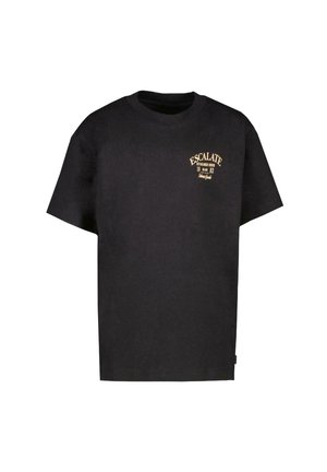 Zwart katoenen T-shirt met korte mouwen, voorzien van "ESCALATE" in gouden schrift op de voorkant, ronde halslijn en een ontspannen pasvorm.
