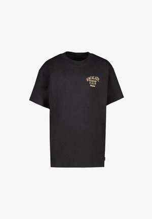 Zwart katoenen T-shirt met korte mouwen, voorzien van "ESCALATE" in gouden schrift op de voorkant, ronde halslijn en een ontspannen pasvorm.