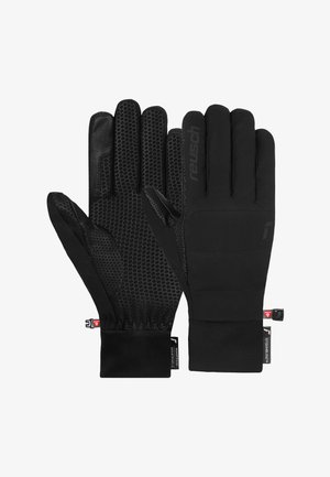 Mustat hanskat, joissa on kuvioitu tartuntapinta, pehmeä kangas ja säädettävät rannekkeet. Varustettu logolla ja vahvistetulla ompelella.