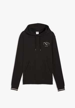 Czarna bluza Puma z kapturem, z przednią kieszenią na worek, sznurkami oraz białym napisem "Puma Athletics" na piersi.