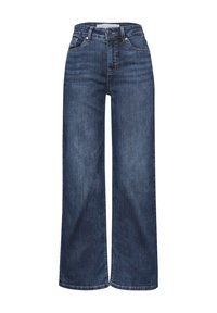 Jeans de pierna ancha hechos de denim azul oscuro, con una cintura alta, bolsillos frontales y un cierre clásico de botón y cremallera. Dobladillo uniforme.